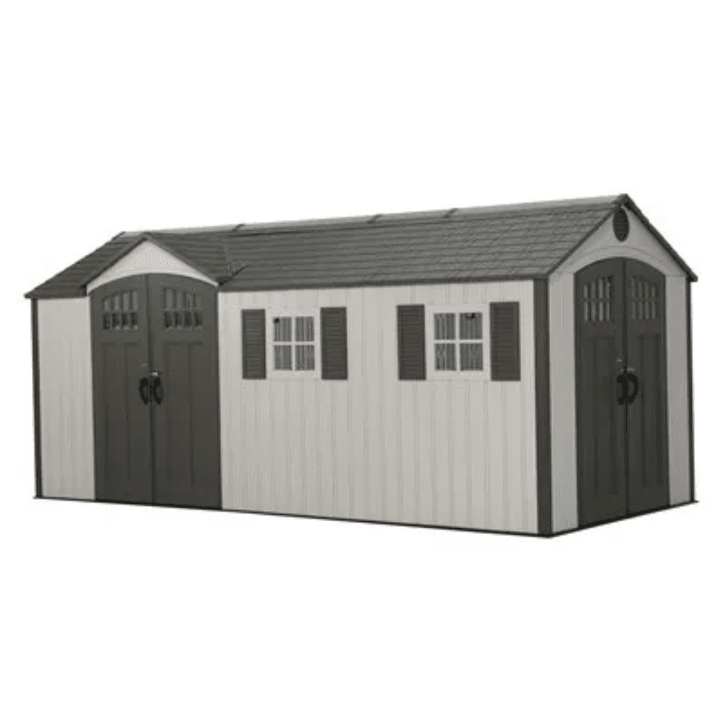 iben-product-252-image-1.png Lifetime 8′ x 17.5′ Outdoor Storage Shed Dual Entry, Tan - Image 1
