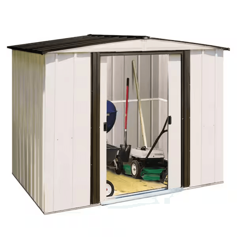 iben-product-258-image-1.png Newport 8 ft. W x 6 ft. D 2-Tone Eggshell and Coffee Galvanized Metal Shed with Sliding Lockable Doors (43 sq. ft.) - Image 1