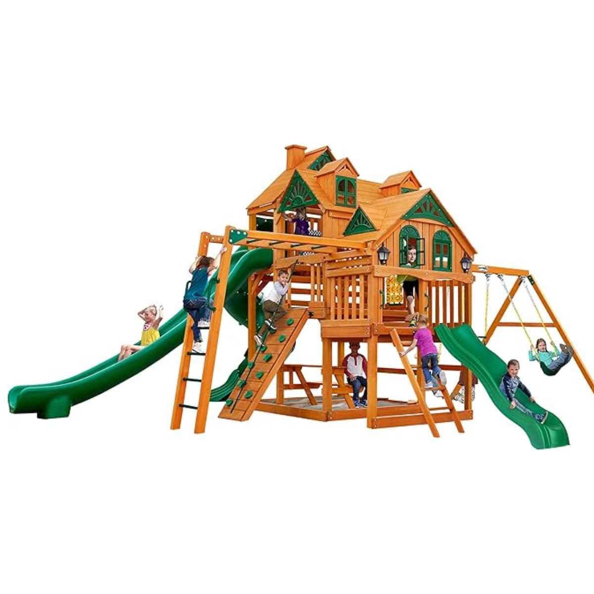 iben-product-27-image-1-1.png Gorilla Playsets Empire Extreme Wooden Swing Set with Monkey Bars, Clatter Bridge, Tower, and 3 Slides - Image 1