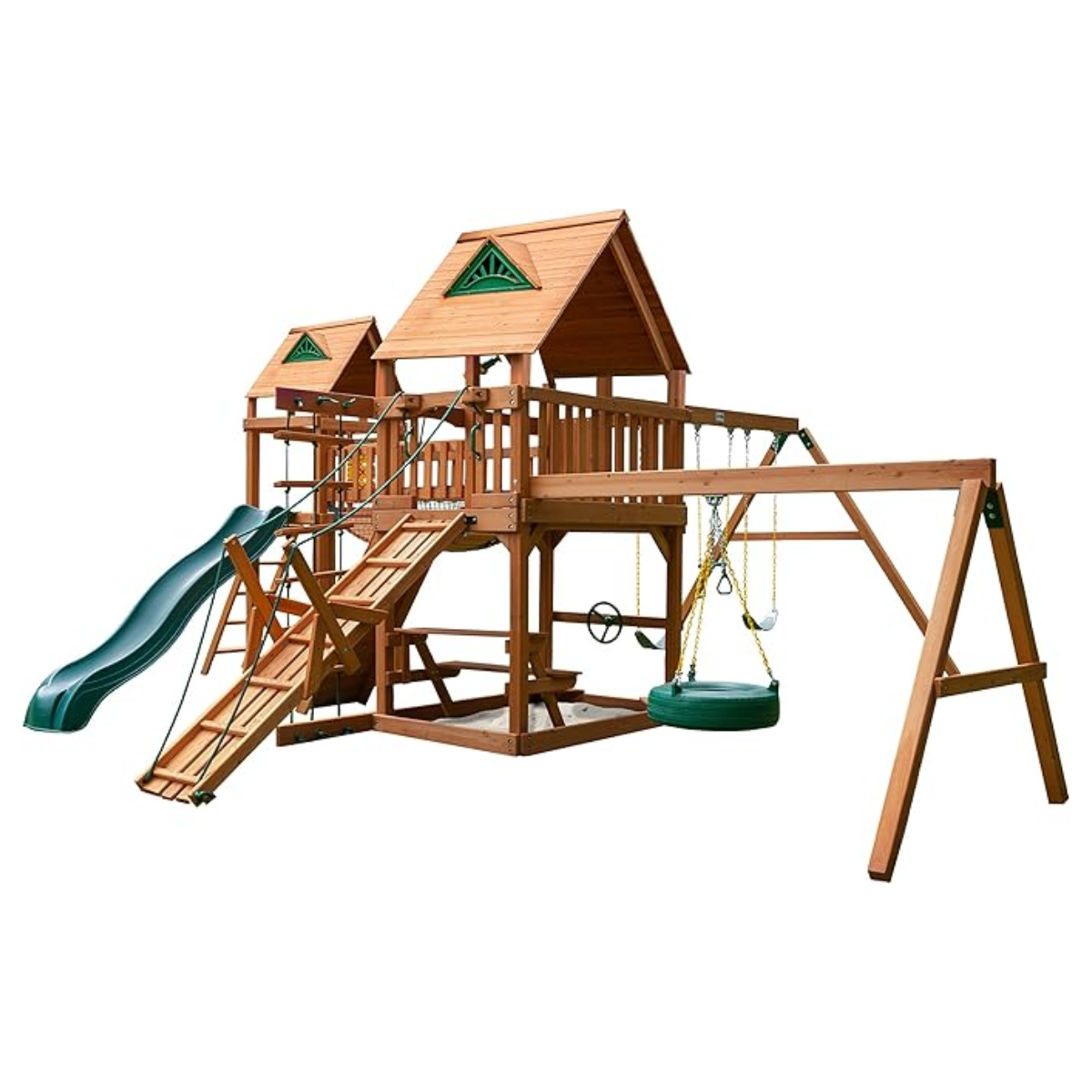 ibenry-product-54-image-1.png Gorilla Playsets Pioneer Peak Treehouse Wooden Swing Set with Tire Swing, and Clatter Bridge and Tower - Image 1