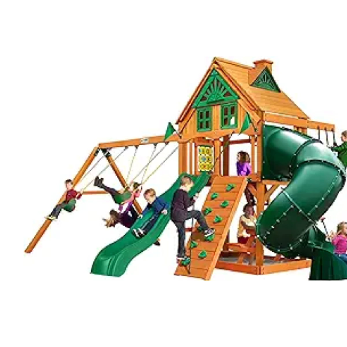 ibenry-product-55-image-1.png Gorilla Playsets Mountaineer Treehouse Wooden Swing Set with Tube Slide, Rope Ladder, and Sandbox - Image 1
